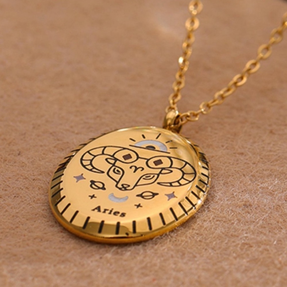ARIES--NEW 18K Gold Plated ARIES Sign Zodiac Oval Pendant Necklace